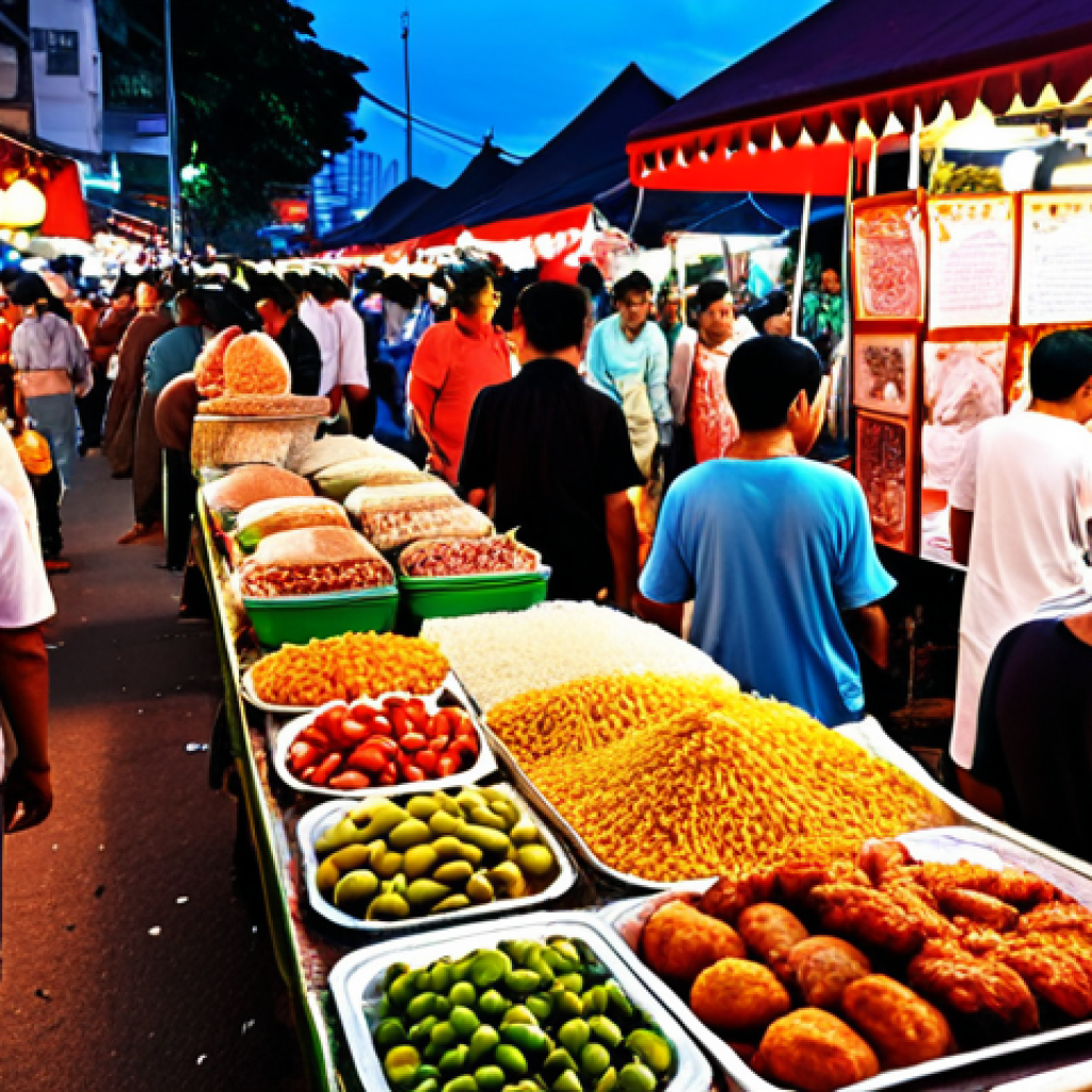 A bustling "pasar malam" scene at dusk in Kuala Lumpur, Malaysia. Focus on vibrant colors, food stalls, and diverse crowd, showcasing the lively atmosphere. Capture the essence of Malaysian culture.