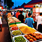 A bustling "pasar malam" scene at dusk in Kuala Lumpur, Malaysia. Focus on vibrant colors, food stalls, and diverse crowd, showcasing the lively atmosphere. Capture the essence of Malaysian culture.