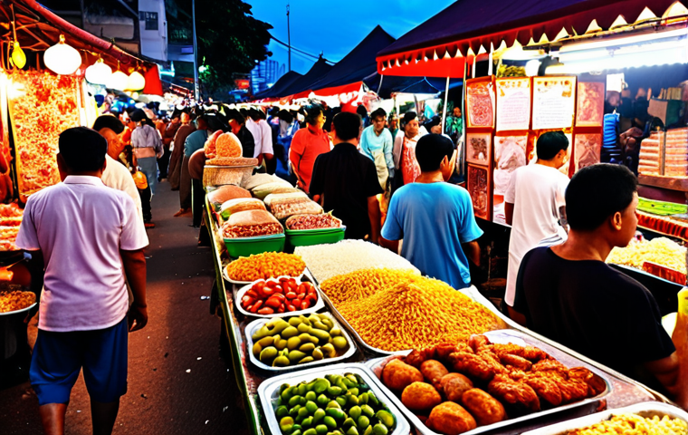 A bustling "pasar malam" scene at dusk in Kuala Lumpur, Malaysia. Focus on vibrant colors, food stalls, and diverse crowd, showcasing the lively atmosphere. Capture the essence of Malaysian culture.
